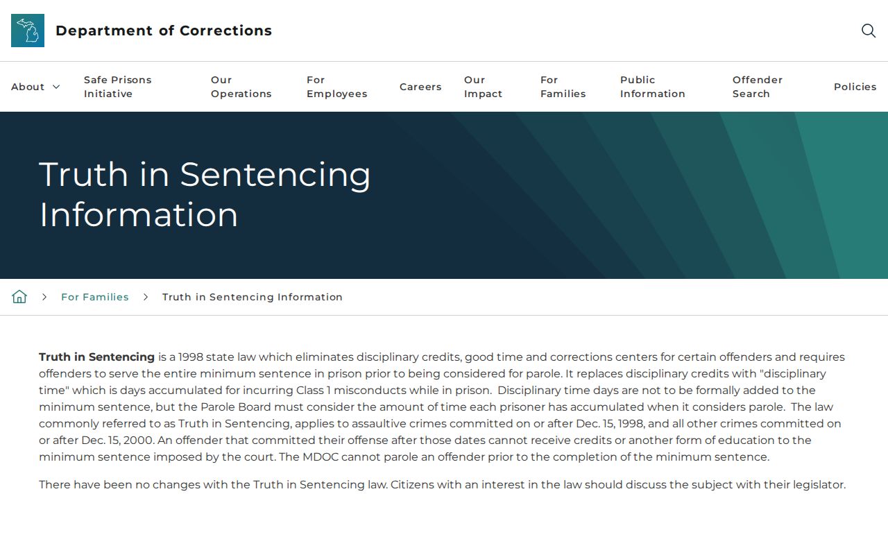 Michigan truth in sentencing rule for Midland County projected release dates