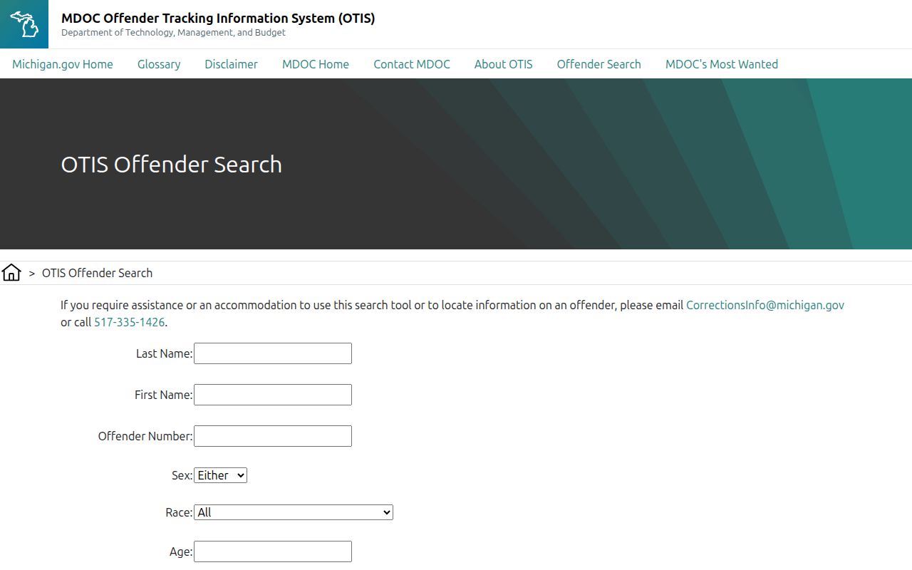 Michigan OTIS search fields for Midland County released inmates